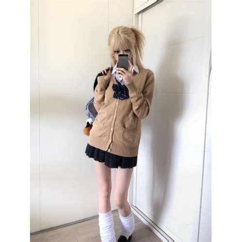 秋冬學院風JK校供針織茶色開衫外套女寬松純色百搭上衣毛衣設計感