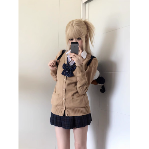 秋冬學院風JK校供針織茶色開衫外套女寬松純色百搭上衣毛衣設計感