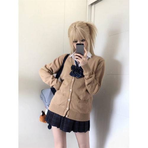 秋冬學院風JK校供針織茶色開衫外套女寬松純色百搭上衣毛衣設計感