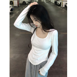 純欲風不規則大方領長袖t恤女白色早秋新款韓版修身弧形下擺上衣