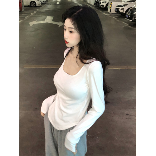 純欲風不規則大方領長袖t恤女白色早秋新款韓版修身弧形下擺上衣
