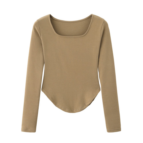 純欲風不規則大方領長袖t恤女白色早秋新款韓版修身弧形下擺上衣