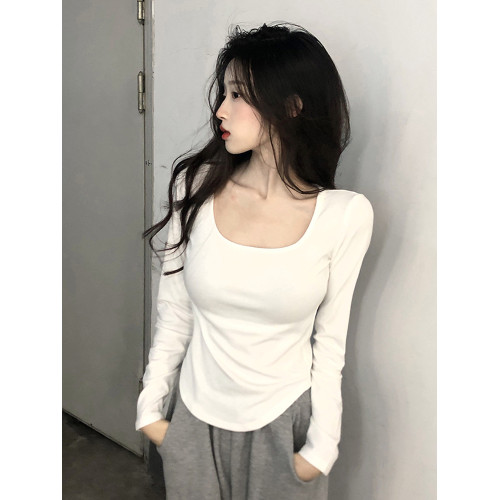 純欲風不規則大方領長袖t恤女白色早秋新款韓版修身弧形下擺上衣