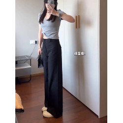 黑色微喇休閒褲女夏季大碼胖mm遮胯高腰垂墜感梨形身材西裝濶腿褲
