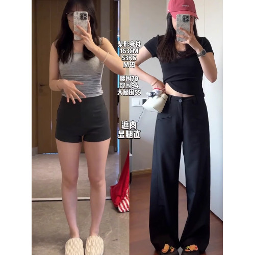 黑色微喇休閒褲女夏季大碼胖mm遮胯高腰垂墜感梨形身材西裝濶腿褲 黑色微喇休閒褲女夏季大碼胖mm遮胯高腰垂墜感梨形身材西裝濶腿褲