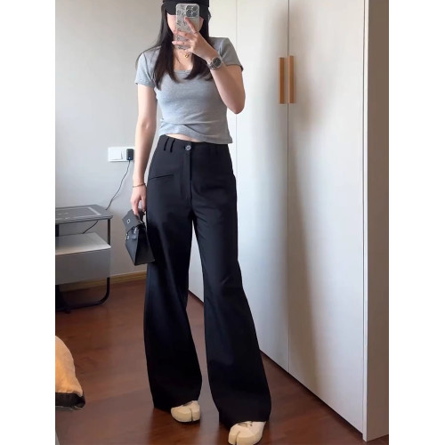 黑色微喇休閒褲女夏季大碼胖mm遮胯高腰垂墜感梨形身材西裝濶腿褲 黑色微喇休閒褲女夏季大碼胖mm遮胯高腰垂墜感梨形身材西裝濶腿褲