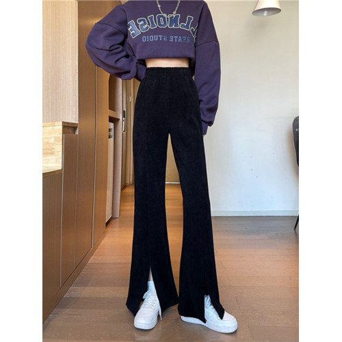 大碼胖妹妹MM高腰顯瘦直簡垂感300斤加絨厚開叉濶腿微喇叭長褲子