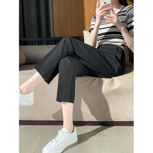 黑色西裝褲女夏季小個子後松緊高腰菸管褲寬松直筒九分小腳哈倫褲 黑色西裝褲女夏季小個子後松緊高腰菸管褲寬松直筒九分小腳哈倫褲