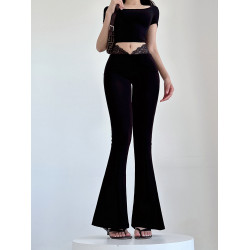 liviahome 純欲蕾絲拼接V腰修身微喇褲高腰顯瘦休閒打底長褲女