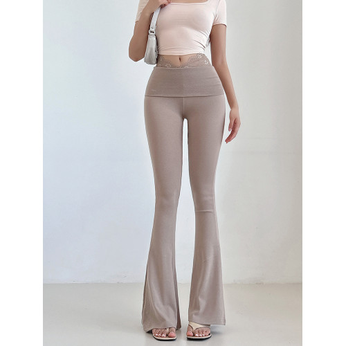 liviahome 純欲蕾絲拼接V腰修身微喇褲高腰顯瘦休閒打底長褲女