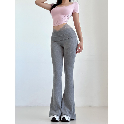 liviahome 純欲蕾絲拼接V腰修身微喇褲高腰顯瘦休閒打底長褲女