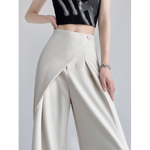 白色兩片式設計西裝褲女夏新款高腰垂感直筒休閒褲寬松濶腿拖地褲