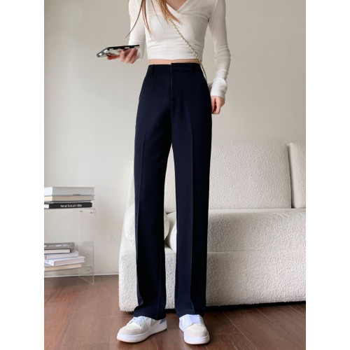 秋冬加絨窄版濶腿褲女韓版高腰寬松直筒褲子休閒職業西裝拖地長褲