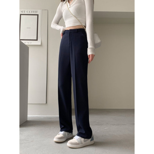 秋冬加絨窄版濶腿褲女韓版高腰寬松直筒褲子休閒職業西裝拖地長褲