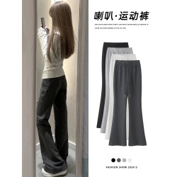 灰色運動褲女秋季2025新款高腰顯瘦直筒褲夏季美式休閒微喇衛褲子