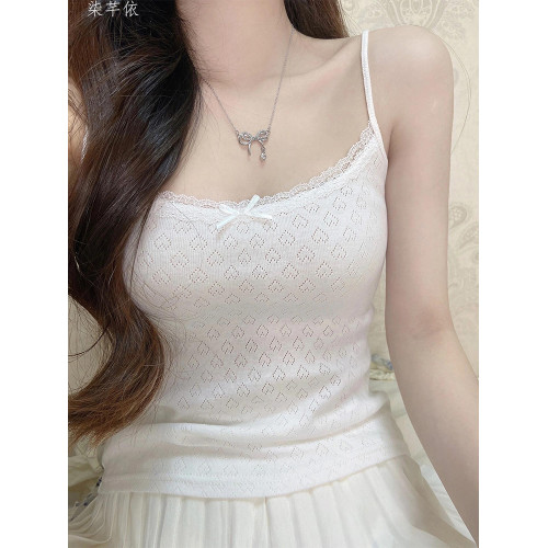 純棉白色背心純欲少女芭蕾風愛心刺綉蕾絲修身吊帶內搭外穿打底衫