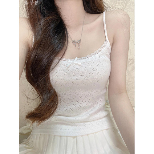 純棉白色背心純欲少女芭蕾風愛心刺綉蕾絲修身吊帶內搭外穿打底衫