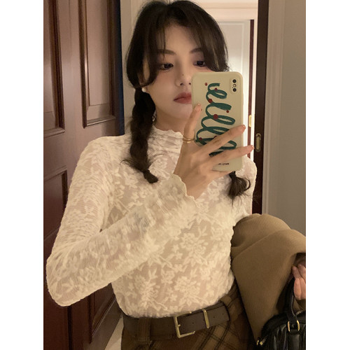 2025年秋新款百搭洋氣網紗小衫女半高領蕾絲打底衫長袖毛衣內搭紗