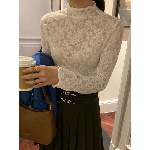 2025年秋新款百搭洋氣網紗小衫女半高領蕾絲打底衫長袖毛衣內搭紗