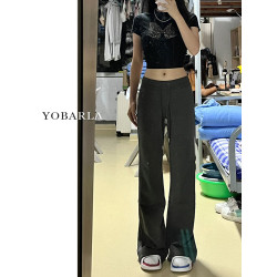 深灰色微喇休閒褲女秋冬加絨彈力胖mm大碼顯瘦梨形身材喇叭衛褲子