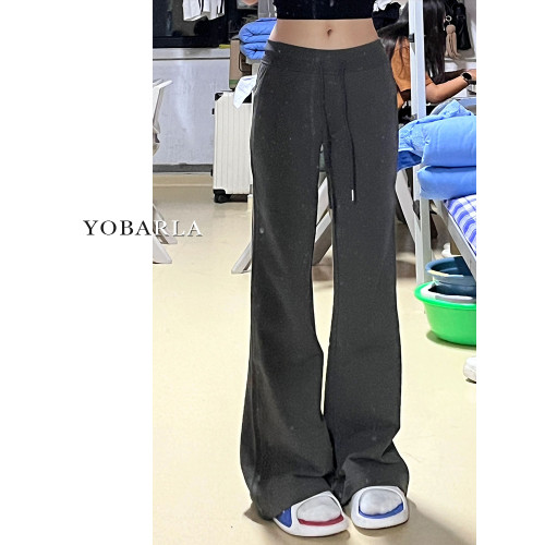 深灰色微喇休閒褲女秋冬加絨彈力胖mm大碼顯瘦梨形身材喇叭衛褲子