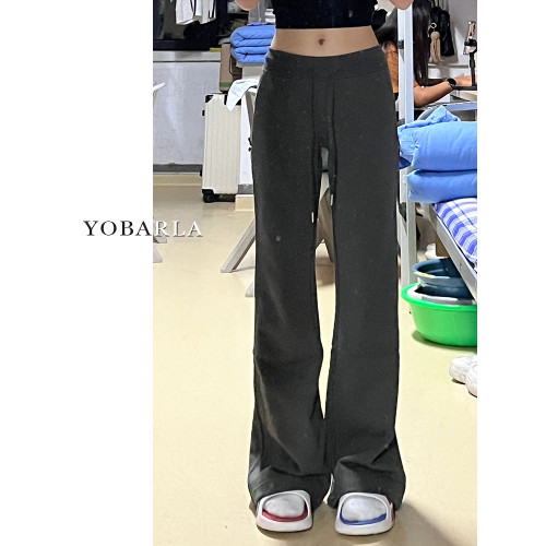 深灰色微喇休閒褲女秋冬加絨彈力胖mm大碼顯瘦梨形身材喇叭衛褲子