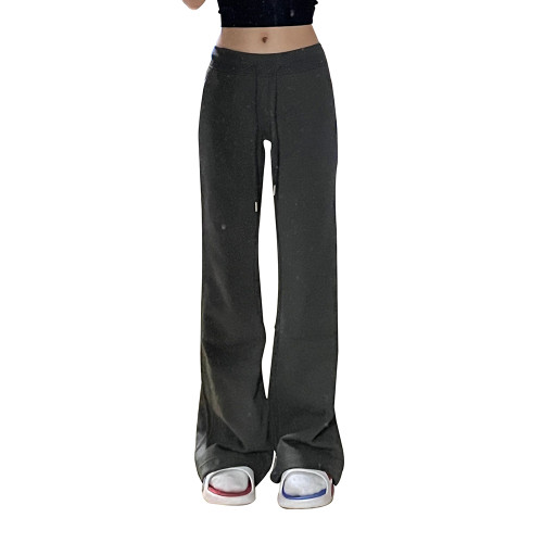 深灰色微喇休閒褲女秋冬加絨彈力胖mm大碼顯瘦梨形身材喇叭衛褲子