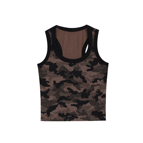 美式辣妹短款迷彩吊帶背心女早春外穿設計感小衆內搭美背無袖上衣