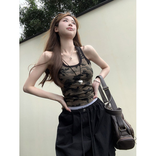 美式辣妹短款迷彩吊帶背心女早春外穿設計感小衆內搭美背無袖上衣
