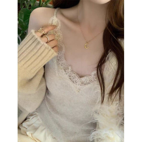 蕾絲吊帶背心女春夏季新款大碼內搭法式別致小上衣v領針織打底衫