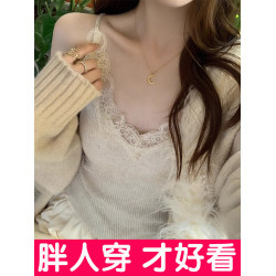 大碼V領蕾絲吊帶背心女夏季內搭外穿針織打底衫冰絲無袖上衣胖mm