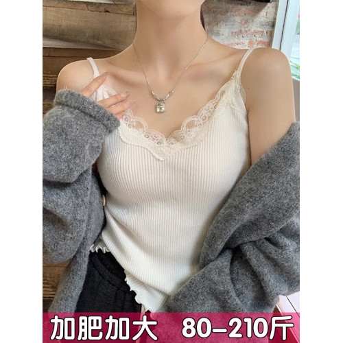 大碼V領蕾絲吊帶背心女夏季內搭外穿針織打底衫冰絲無袖上衣胖mm