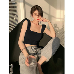 寬肩帶吊帶無袖小背心女夏季方領遮副乳修身純欲短款漏腰肚臍上衣