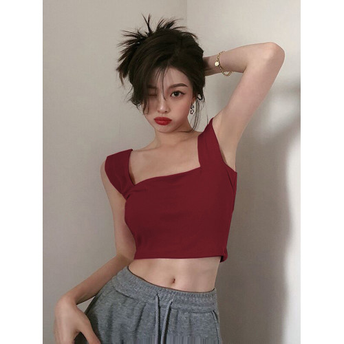 寬肩帶吊帶無袖小背心女夏季方領遮副乳修身純欲短款漏腰肚臍上衣 寬肩帶吊帶無袖小背心女夏季方領遮副乳修身純欲短款漏腰肚臍上衣