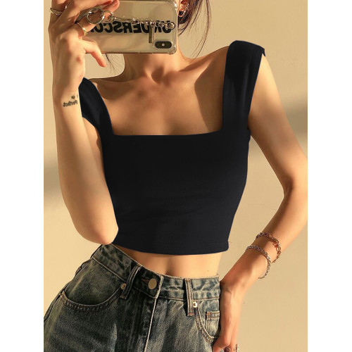 寬肩帶吊帶無袖小背心女夏季方領遮副乳修身純欲短款漏腰肚臍上衣 寬肩帶吊帶無袖小背心女夏季方領遮副乳修身純欲短款漏腰肚臍上衣