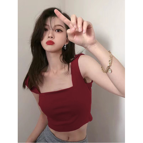 寬肩帶吊帶無袖小背心女夏季方領遮副乳修身純欲短款漏腰肚臍上衣 寬肩帶吊帶無袖小背心女夏季方領遮副乳修身純欲短款漏腰肚臍上衣