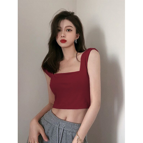 寬肩帶吊帶無袖小背心女夏季方領遮副乳修身純欲短款漏腰肚臍上衣 寬肩帶吊帶無袖小背心女夏季方領遮副乳修身純欲短款漏腰肚臍上衣