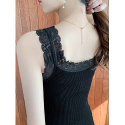 保暖加厚加絨背心女秋冬帶胸墊蕾絲V領內搭吊帶打底衫女上衣性感