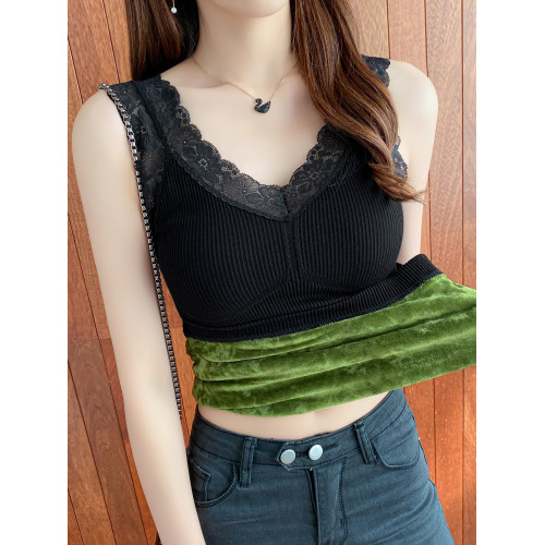 保暖加厚加絨背心女秋冬帶胸墊蕾絲V領內搭吊帶打底衫女上衣性感