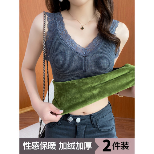 保暖加厚加絨背心女秋冬帶胸墊蕾絲V領內搭吊帶打底衫女上衣性感