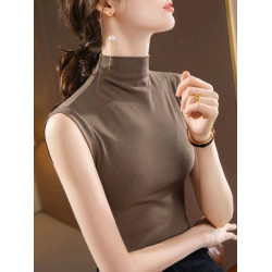 莫代爾半高領無袖背心女春秋季新款大碼修身內搭百搭打底衫上衣