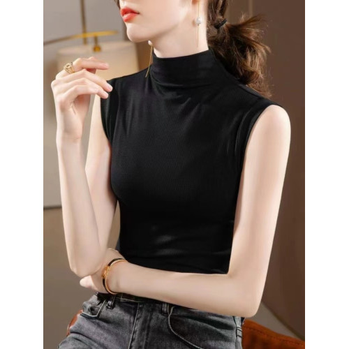 莫代爾半高領無袖背心女春秋季新款大碼修身內搭百搭打底衫上衣