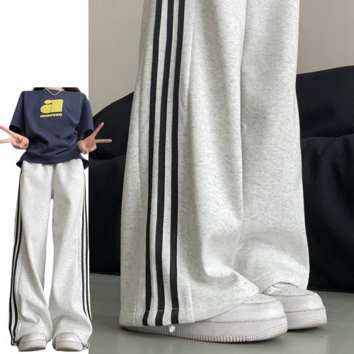 白灰色側條紋兩穿運動褲女春夏季2025新款韓系學院風休閒束腳衛褲