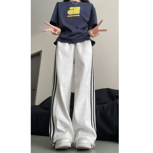白灰色側條紋兩穿運動褲女春夏季2025新款韓系學院風休閒束腳衛褲