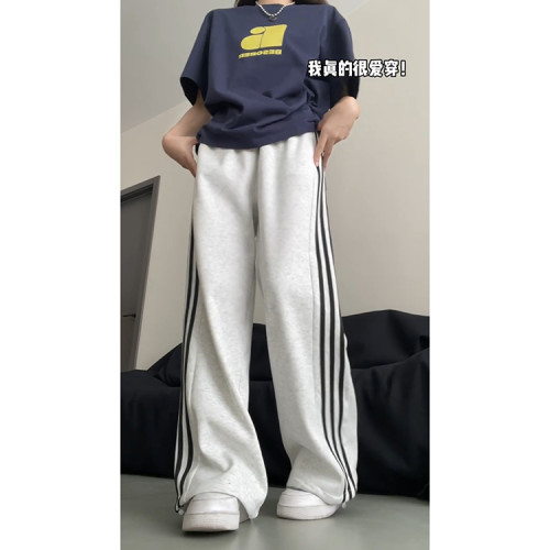 白灰色側條紋兩穿運動褲女春夏季2025新款韓系學院風休閒束腳衛褲