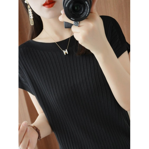 薄款冰絲短袖針織T恤女寬松一字領背心夏季新款套頭百搭打底衫