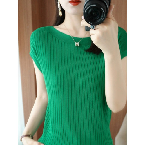 薄款冰絲短袖針織T恤女寬松一字領背心夏季新款套頭百搭打底衫