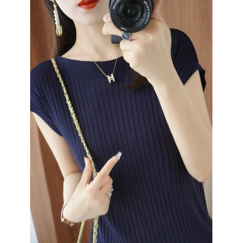 薄款冰絲短袖針織T恤女寬松一字領背心夏季新款套頭百搭打底衫