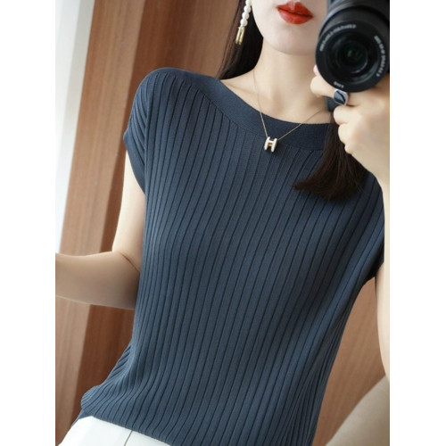 薄款冰絲短袖針織T恤女寬松一字領背心夏季新款套頭百搭打底衫