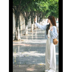 軟糯感淺藍色針織開衫毛衣外套女春季新款簡約百搭短款上衣外套